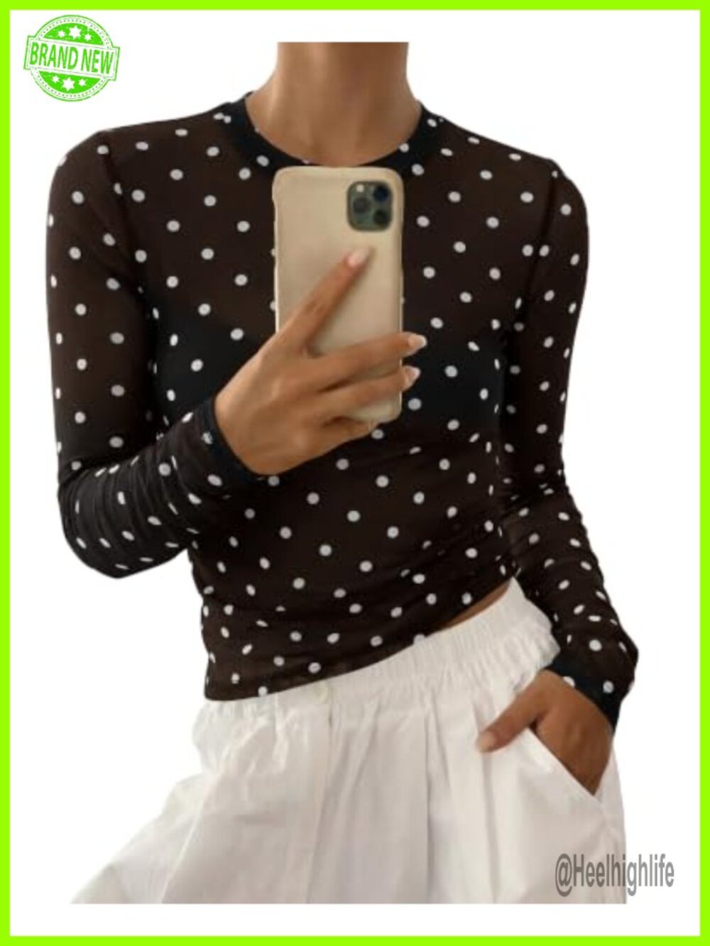 Long Sleeve Sheer Mesh Polka Dot Crew Neck Slim Fit Blouse Top